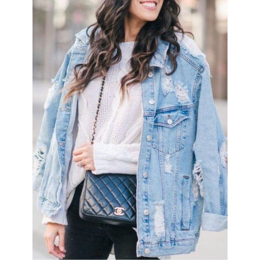 Zara Distressed Longline Denim Jacket Boyfriend Fit Oversized